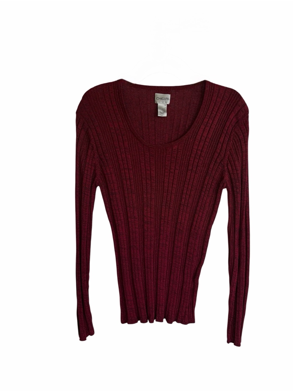 Chico’s Womens Size 3 Burgundy Scoop Neck Ribbed Long Sleeve Sweater Holiday